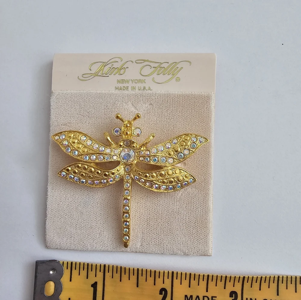 Vintage Kirks Folly Dragonfly Garden Brooch – AB Crystals Gold Tone Signed Rare